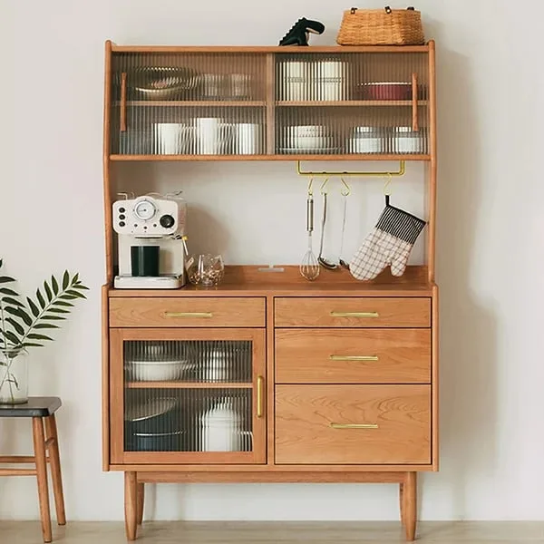 Prosy Kitchen Cabinet – Natural Wood with Glass Doors and Gold Handles