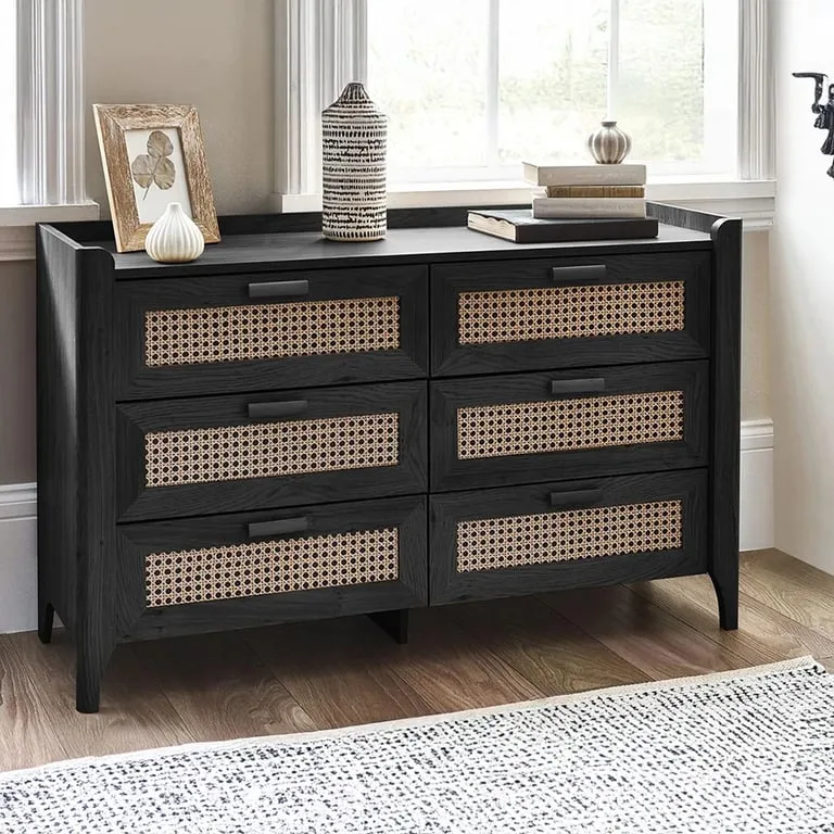 Zeno – Black Rattan 6-Drawer Wide Chest