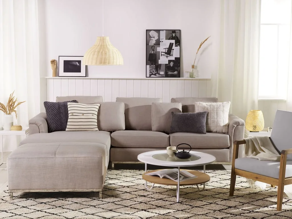 Mora Right-Hand L-Shaped Sofa with Ottoman – Natural Wood Base
