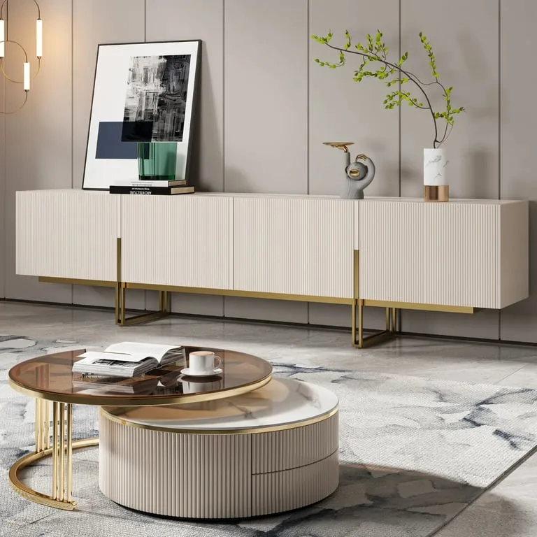 Valente Natural Wood TV Stand – Brass Base & Fluted Doors