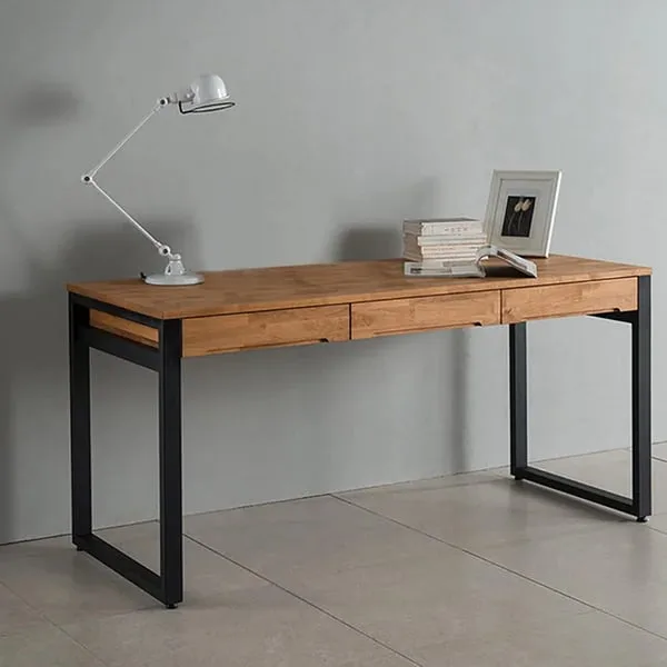 Ravion – Rustic Natural Wood Desk with Metal Frame & Drawers