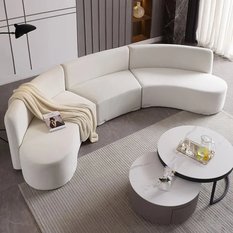 Luma Curved Natural Wood Floor Sofa – Artistic Elegance in Velvet