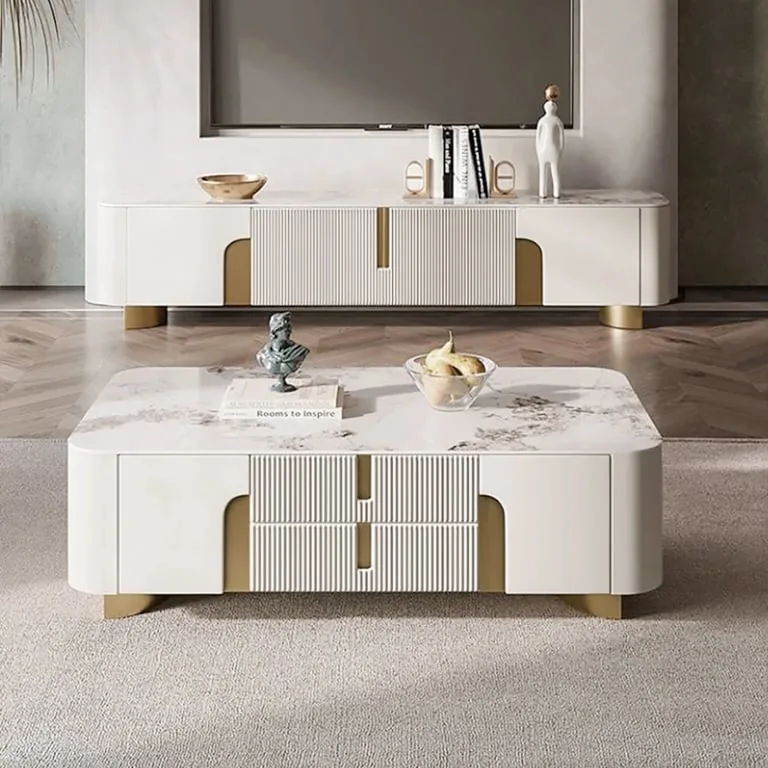 Élivane – Coffee Table & TV Unit Set with Golden Accents