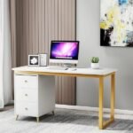 Glamy – Natural Wood Desk with Gold Metal Legs & Drawers