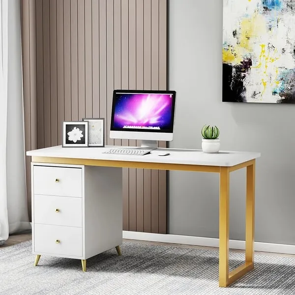 Glamy – Natural Wood Desk with Gold Metal Legs & Drawers