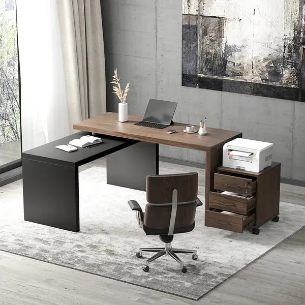 Alvar –Swivel L-Shaped Desk with Movable File Cabinet -Natural Wood