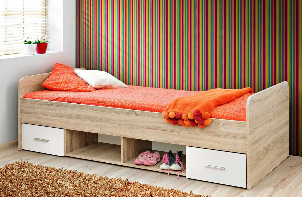 Vera – Natural Wood Single Bed with 2 Drawers and Open Storage Shelves