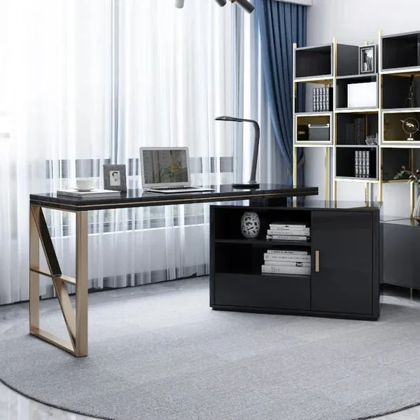 Verso – L-Shaped Natural Wood Computer Desk with Side Cabinet