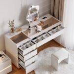 Aurielle – Natural Wood Vanity Set with Chair, LED Mirror and Multiple Storage Drawers