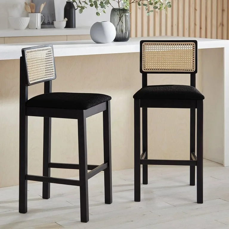 Rivano -Rattan Bar Dining Chair -Black Natural Wood Frame