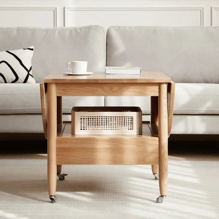 Divano Natural Wood Coffee Table – With Shelf, Drawer & Wheels