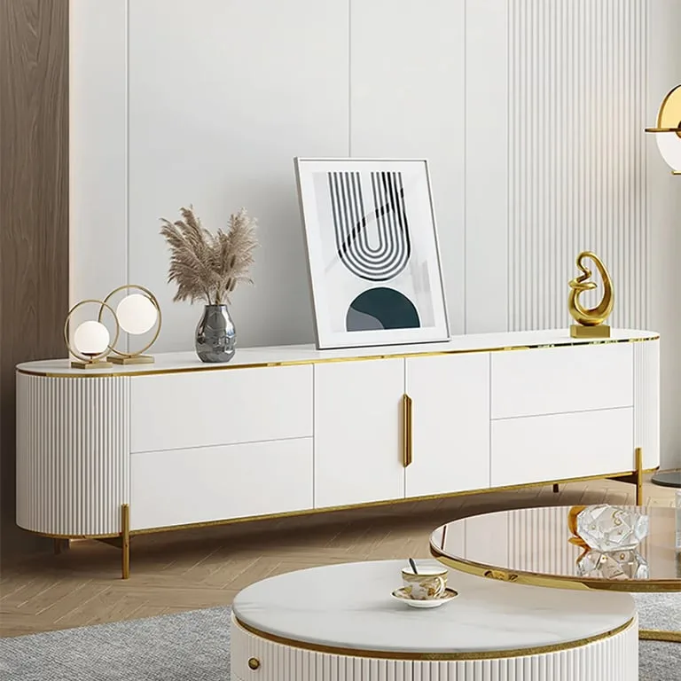 Clarva Curved TV Unit – Gold Frame & Fluted Charm