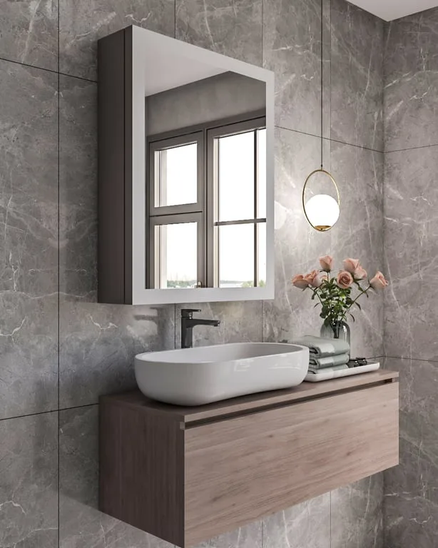 Peria – Multifunctional LED Bathroom Mirror with Natural Wood Storage