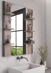 Giulia – Natural Wood Mirror with Multi-Use Storage Shelves
