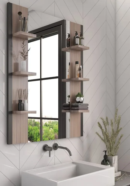 Giulia – Natural Wood Mirror with Multi-Use Storage Shelves