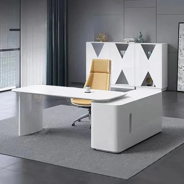 Jenesk – L-Shaped Natural Wood Desk with Drawers & Cabinet