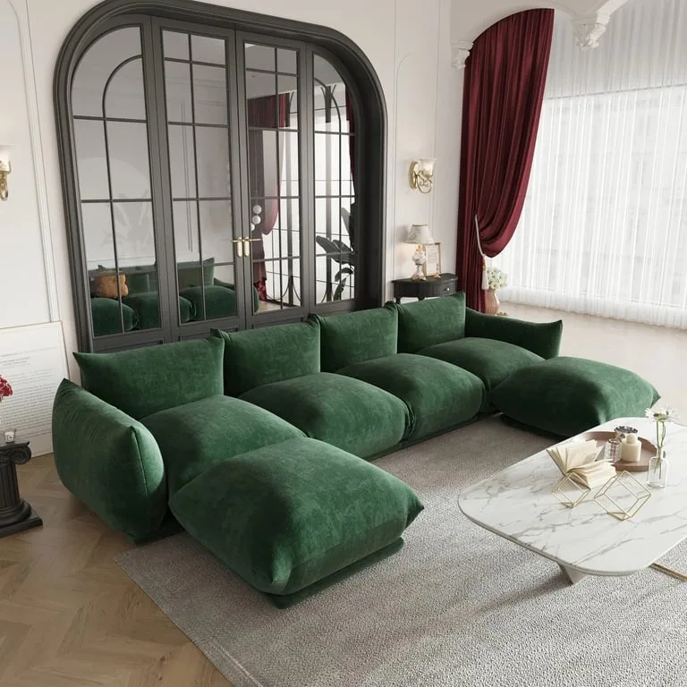 Serina U-Shaped Modular 6-Seater Sofa – Natural Wood Base