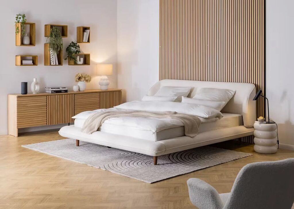 Levena Natural Wood Upholstered Bed