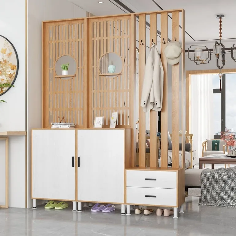 Lirven – Natural Wood Entry Divider Cabinet with Hooks and Storage Drawers