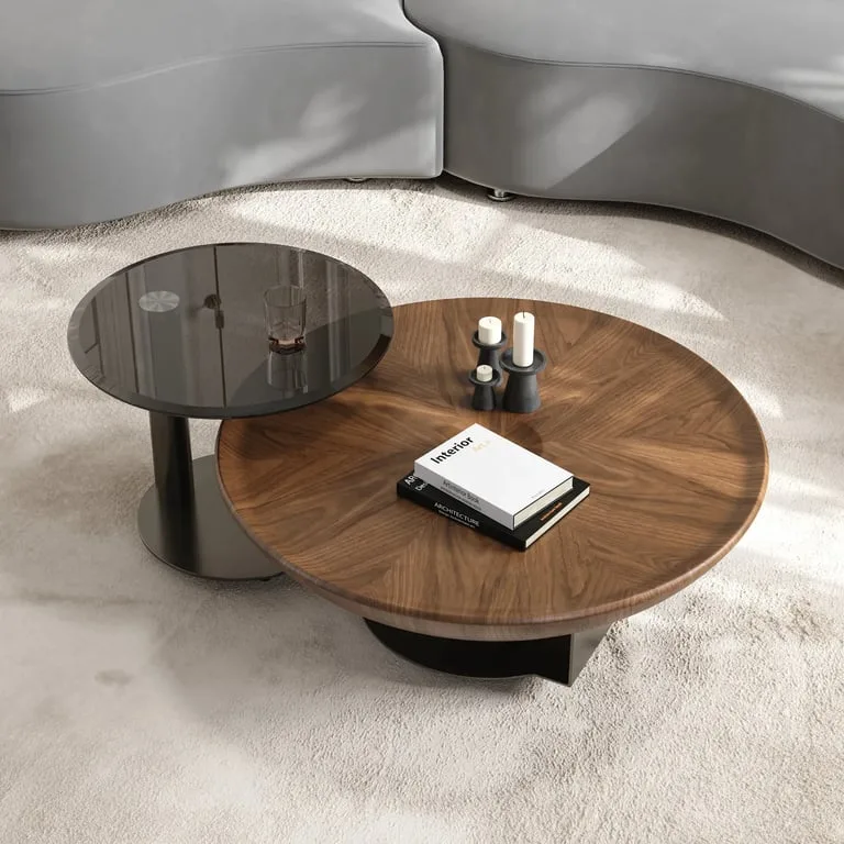 Orbita Natural Wood Coffee Table Set – Bowl Design with Glass Side Table