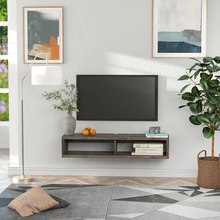 Herulf Floating TV Stand – Natural Wood with Open Shelves