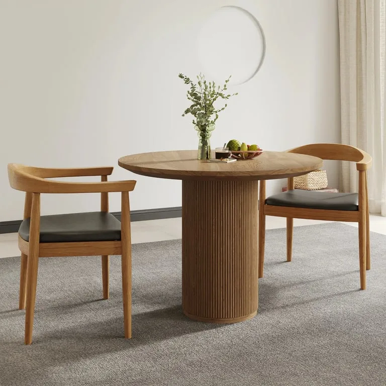Merso Round Dining Table – Fluted Base & Natural Wood Top