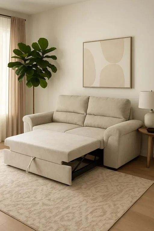 Minerva Pillow-Back Sofa – Soft Beige Comfort with Rolled Arm Design
