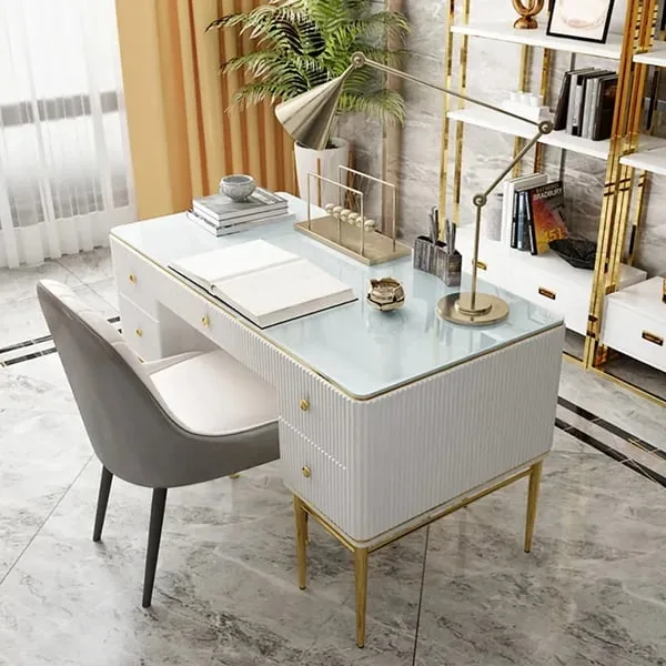 Bline – Natural Wood Office Desk with 5 Drawers & Metal Base