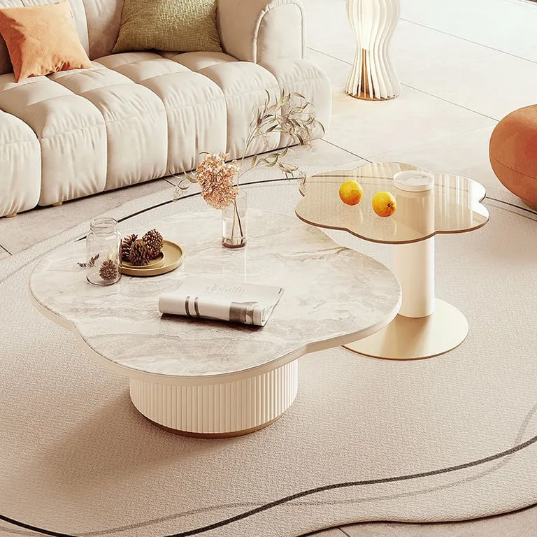 Eclipse – Modern Coffee Table Set with Marble-Effect Top – Natural Wood