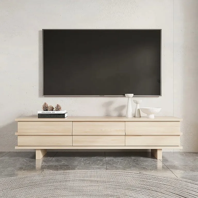 Acero TV Unit – Natural Wood with 3D Panel Drawers