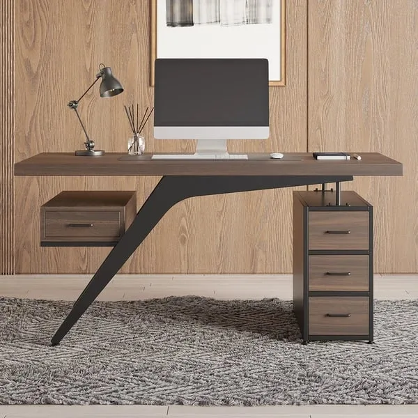 Cramson – Natural Wood Desk with Metal Legs, Shelf & Drawer