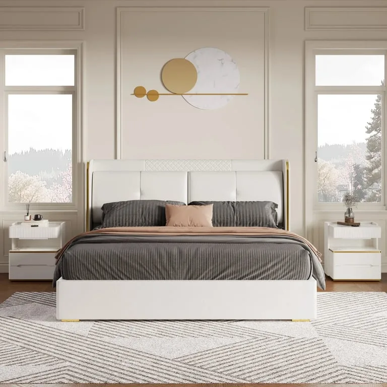 Serenzo Modern Upholstered Bed - Natural wood