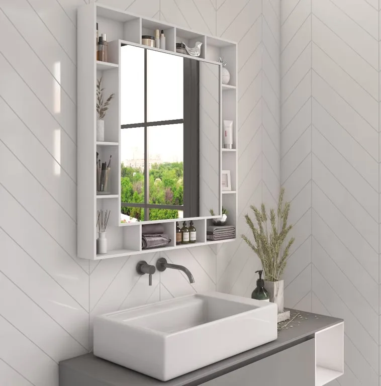 Gogcha – Natural Wood Bathroom Mirror with Storage Shelves