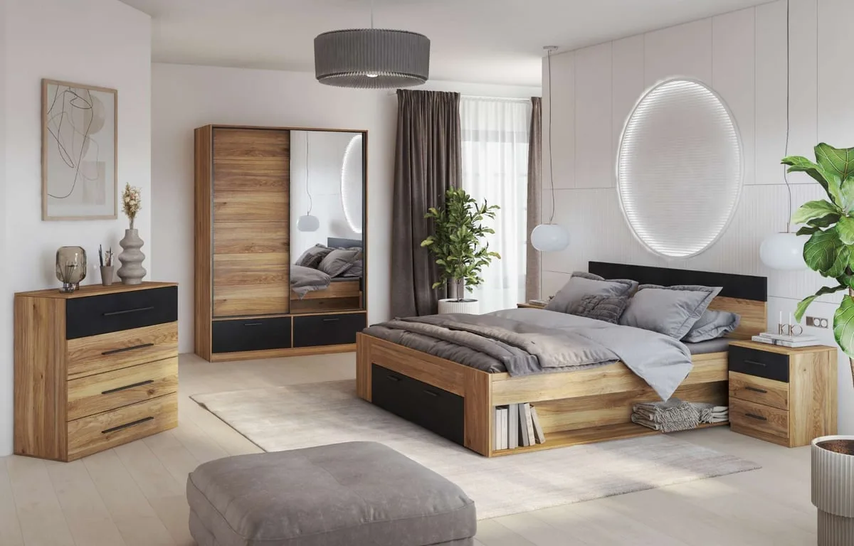 Arlo Natural Wood Bedroom Set – Storage Bed & Sliding Wardrobe