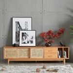 Lunari Natural Wood & Rattan TV Stand – Modern with Sliding Doors