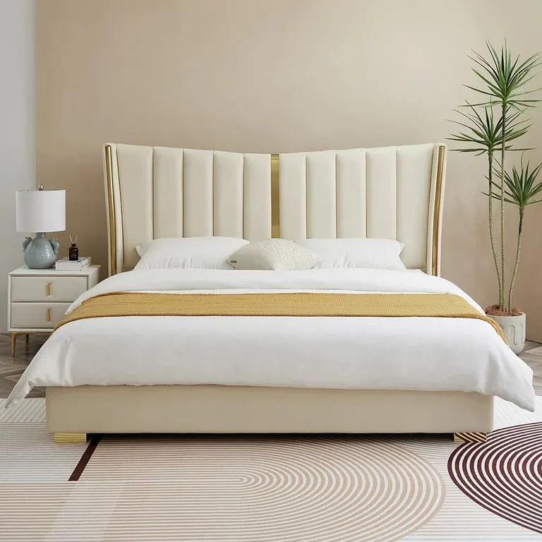 Luxe Haven Upholstered Bed – Elegant Ivory & Gold