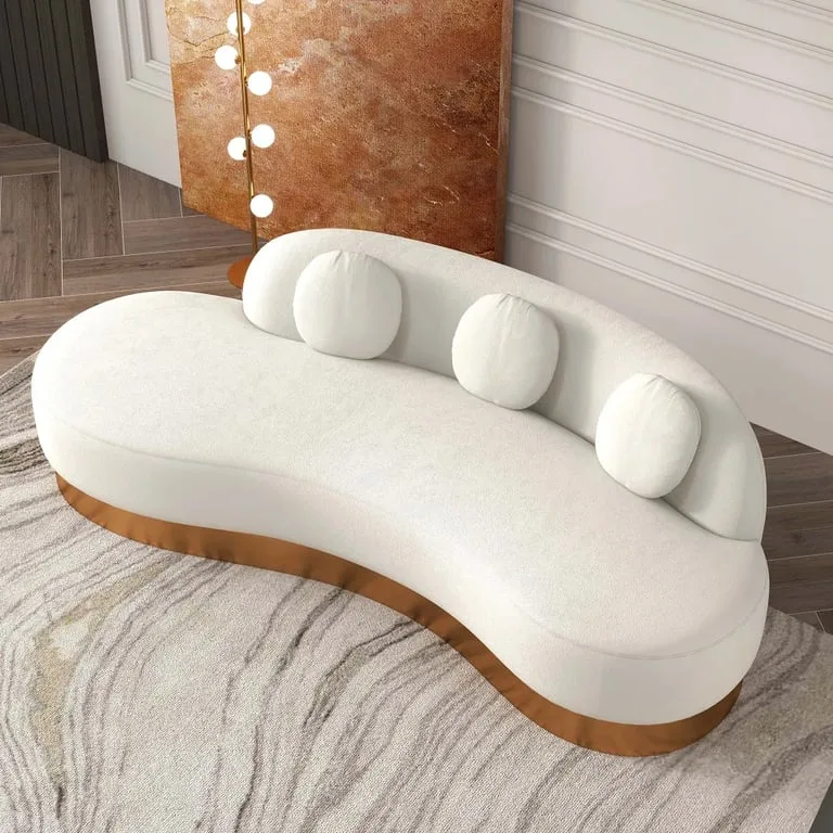 Dermo Modern White & Gold Velvet Curved Sofa for 3 Seaters with Pillows