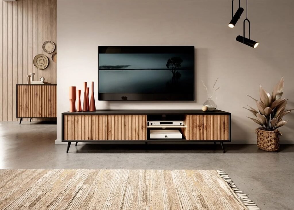 Nedra Black Natural Wood TV unit with LED Shelves