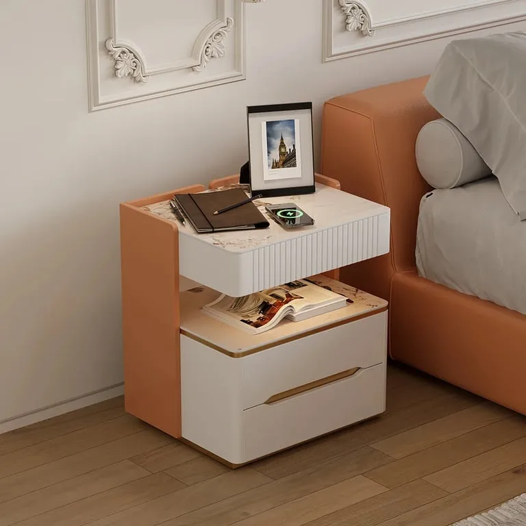 Fylora Nightstand – Natural Wood Frame with Marble Top