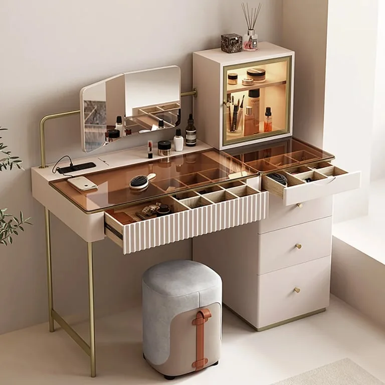 Marvella Vanity Set – Glass Top with lighting Cabinet and Matching Chair