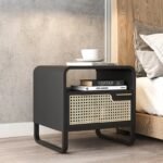 Kramsi Black Nightstand Rattan with Natural wood