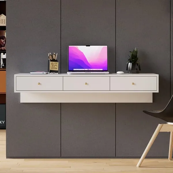 Krasmo – Natural Wood Wall-Mounted Desk with Storage