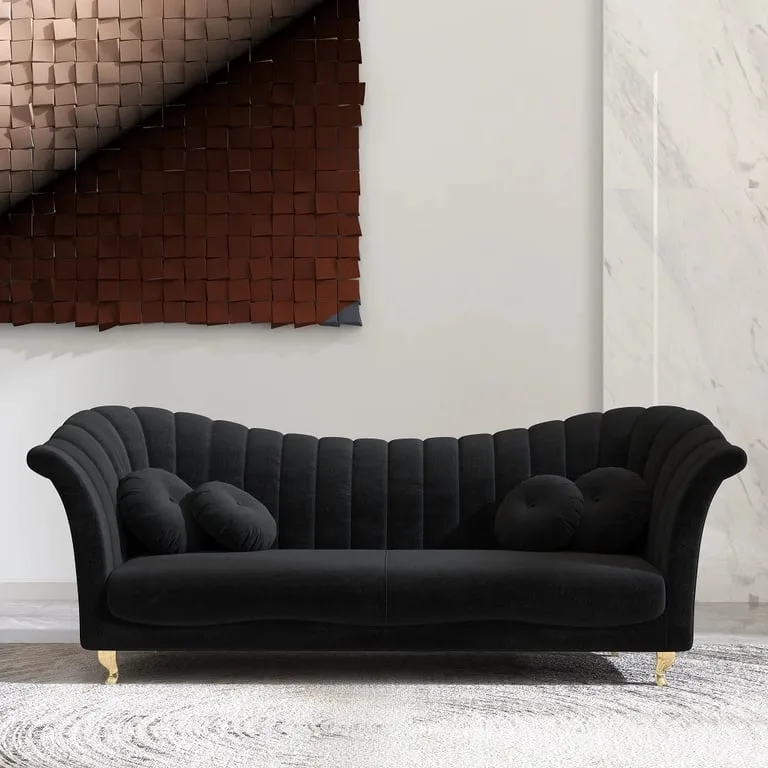 Black Velvet Sofa - 3-Seater with Luxury Gold Legs - LONARA