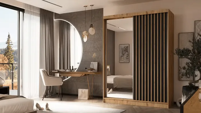 Lamelo Natural wood Wardrobe with Mirror