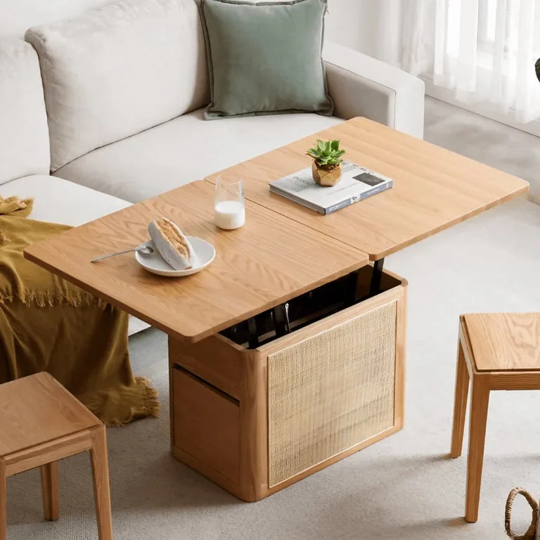Perla Coffee Table – Natural Wood & Rattan with Storage Drawers