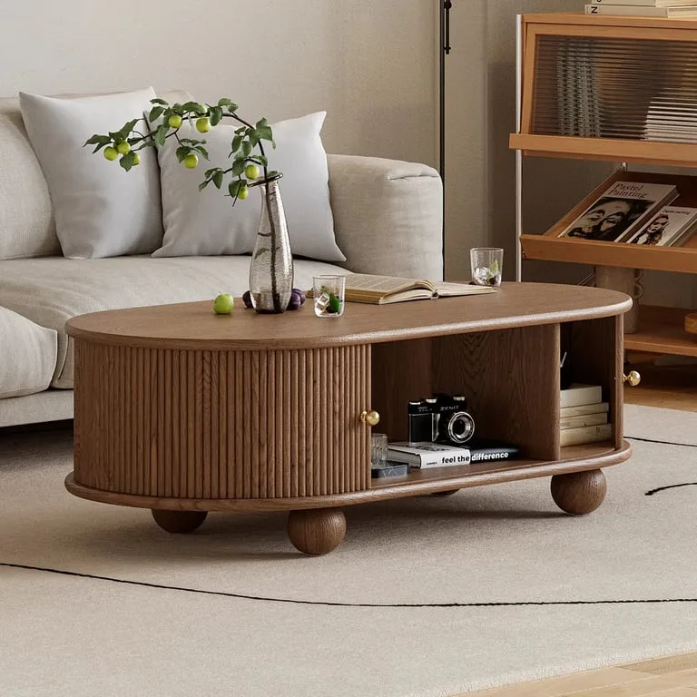 Tondo Oval Coffee Table – Natural Wood with Storage & Round Legs