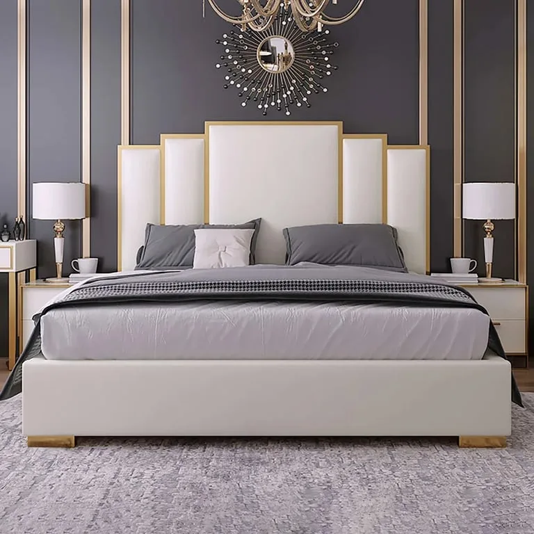 Regalia Luxe Upholstered Bed – White & Gold Elegance