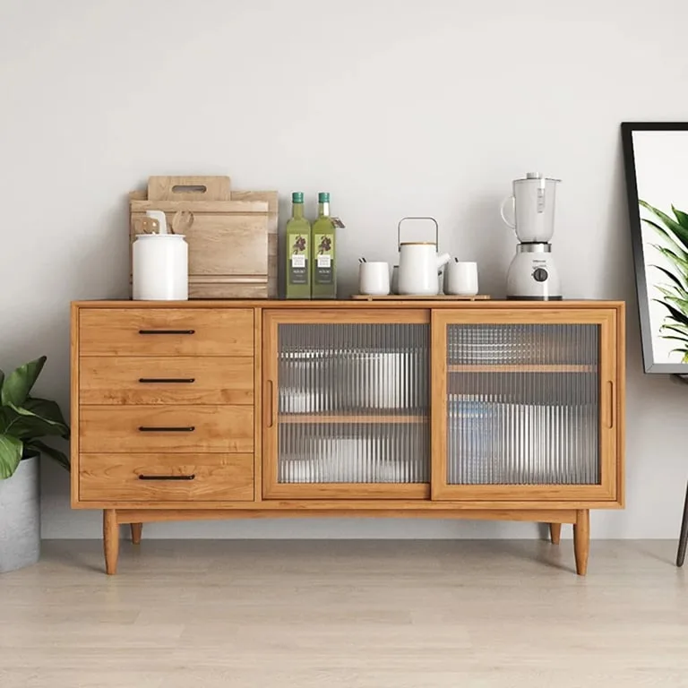 Harver Sliding Glass Sideboard – Natural Wood with Drawers