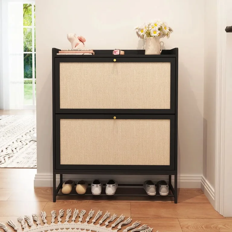 Cliera – Natural Wood & Rattan Shoe Storage Cabinet