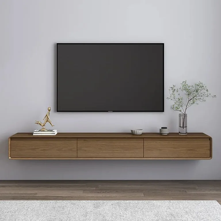 Arcul Wall-Mounted TV Unit – Natural Wood with 3 Storage Drawers